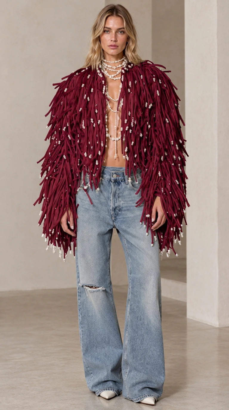 Women's Pearl Embellished Shaggy Fringe Open Front Statement Jacket