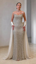 Strapless Pearl Embellished Evening Gown with Draped Shawl Train