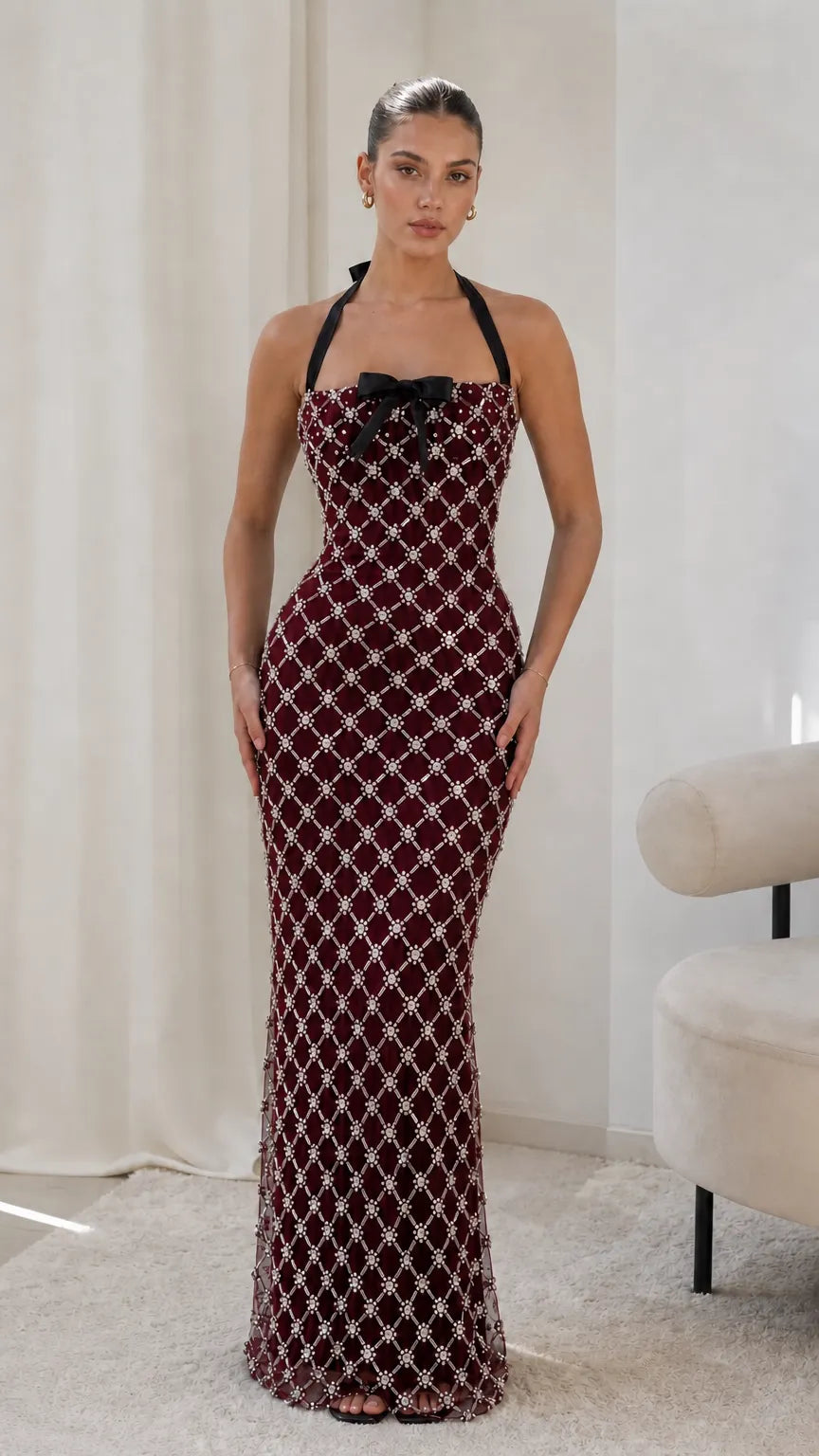 Embellished Lattice Halterneck Maxi Dress with Satin Bow Accent
