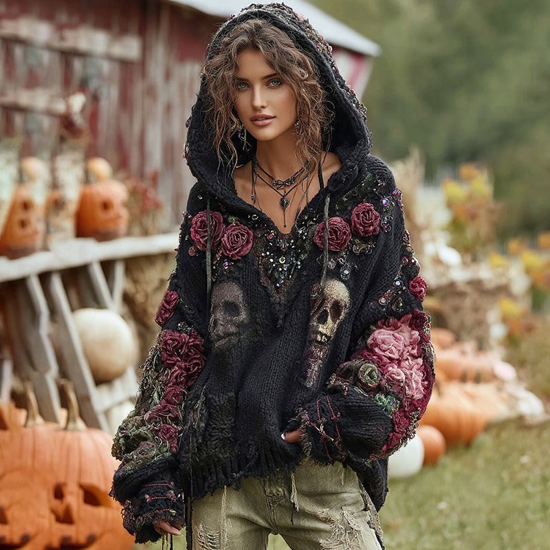 Rose Skull Embroidered Gothic Chunky Knit Hooded Sweater