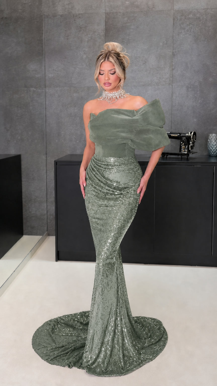 One-Shoulder Velvet and Sequin Mermaid Evening Gown with Sculptural Draped Sleeve