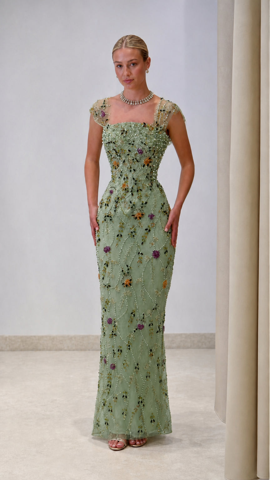 Floral Beaded Square Neck Column Evening Gown