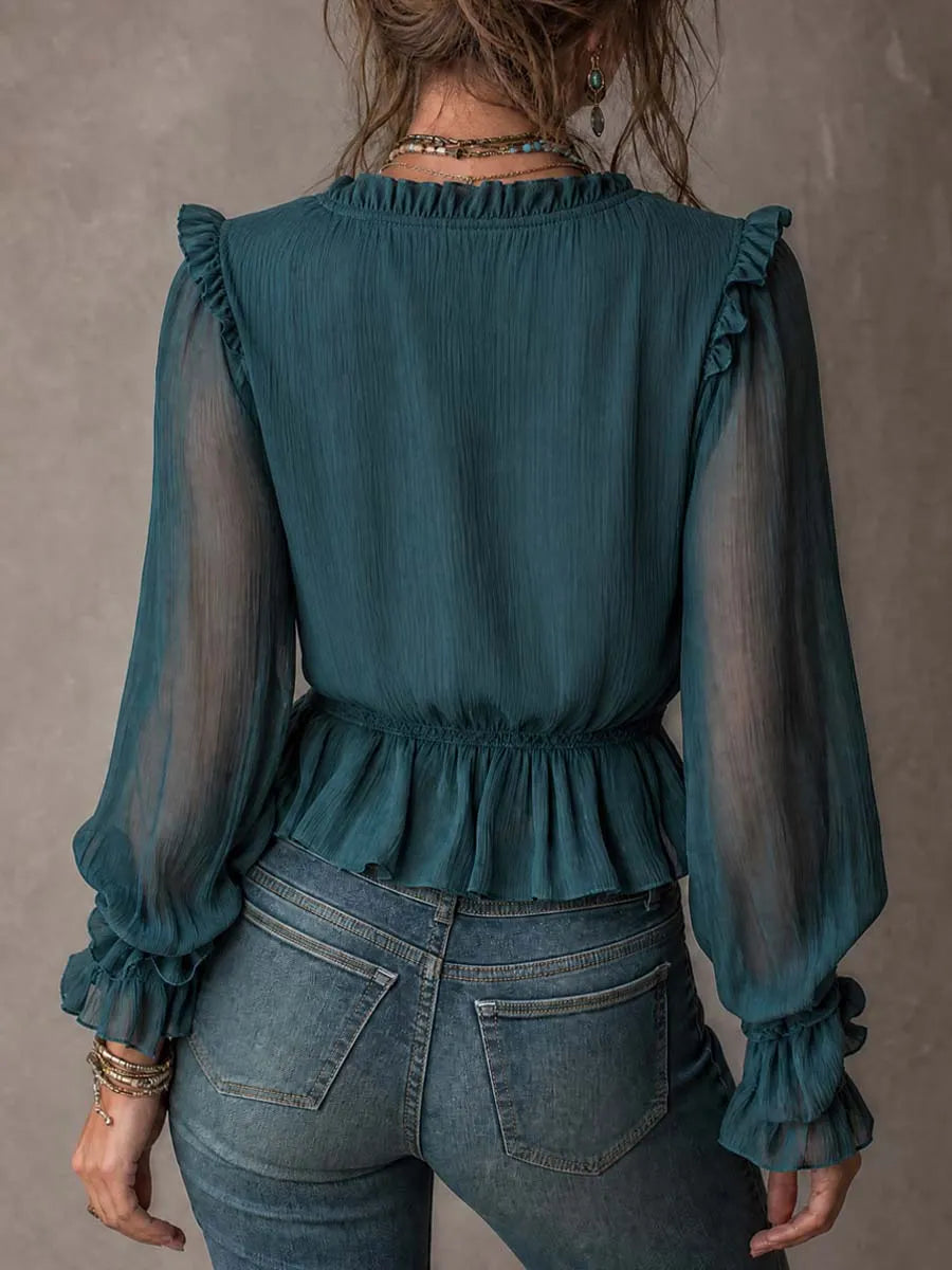 Retro Ruffled Lace Trim Chiffon Blouse