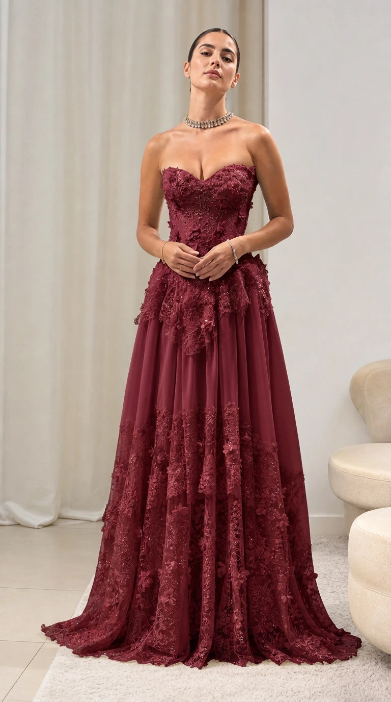 Strapless Floral Appliqué Corset Evening Gown with Tiered Lace Tulle Skirt