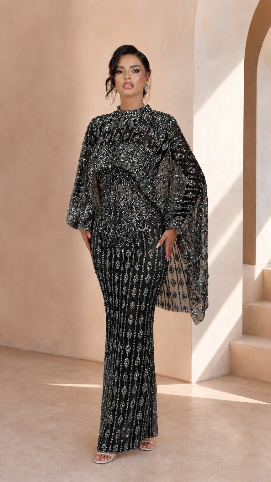 Embellished Cape Sleeve High Neck Formal Evening Maxi Dress