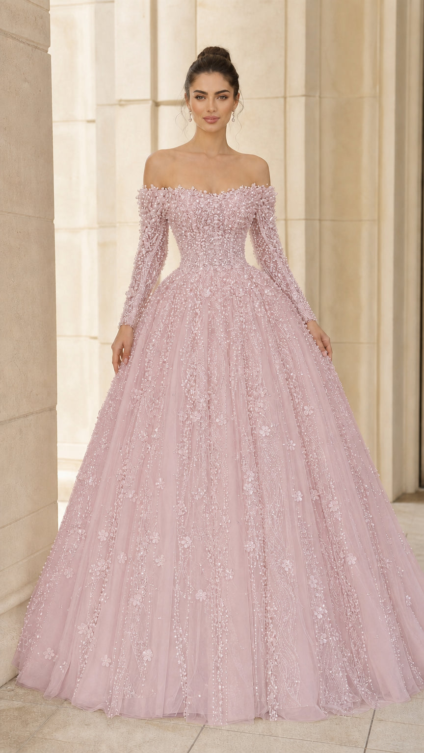 Off-the-Shoulder Long Sleeve Pearl Beaded Ball Gown