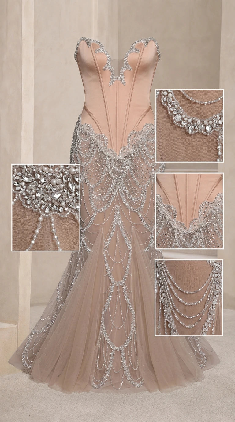 Strapless Beaded Corset Mermaid Evening Gown with Crystal Draping