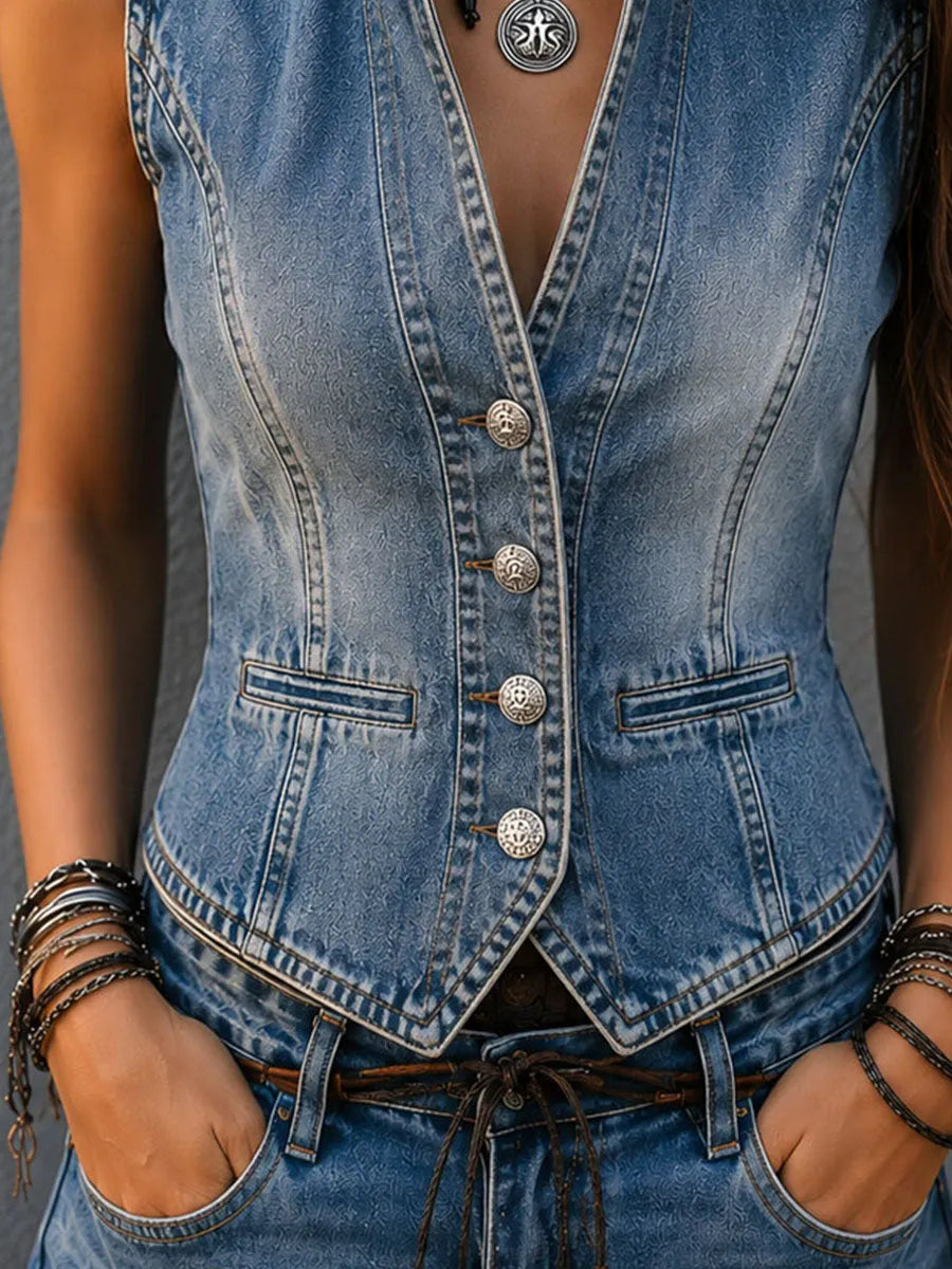 Vintage Stand Collar Wash Denim Button-Front Vest