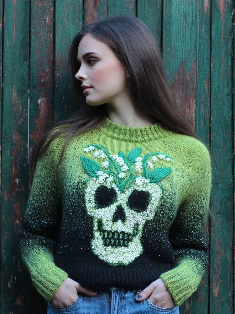 Vintage Lily Of The Valley & Skull Embroidered Cozy Knit Sweater