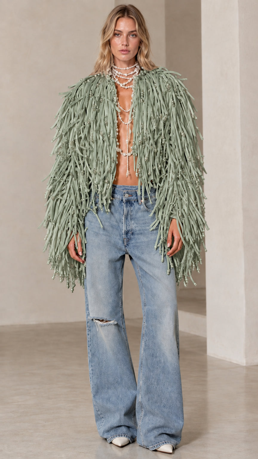Women's Pearl Embellished Shaggy Fringe Open Front Statement Jacket