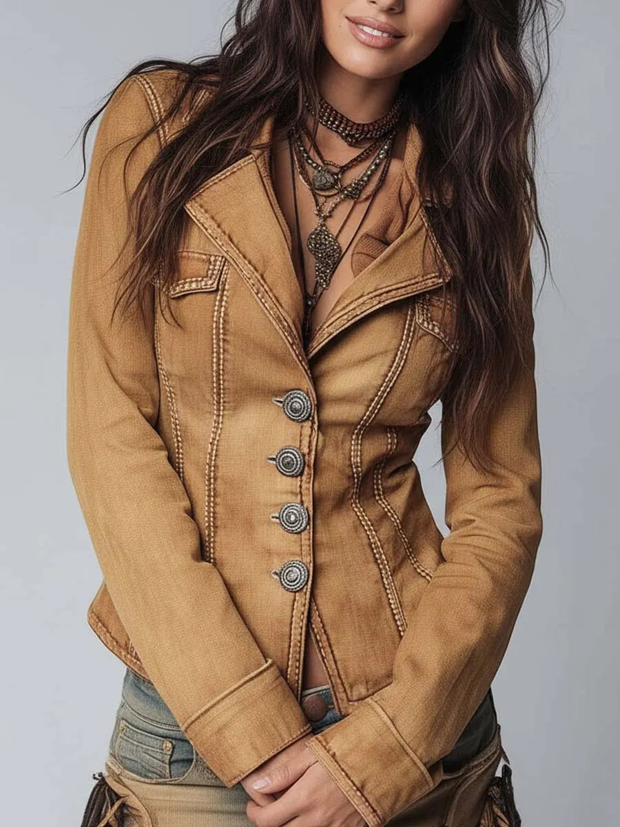 Slim-fit Vintage-style Washed Khaki Denim Jacket