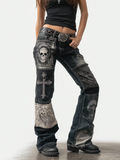 Rock Punk Skull Cross Element Retro Distressed Heavy Workwear Women's Denim Long Pants