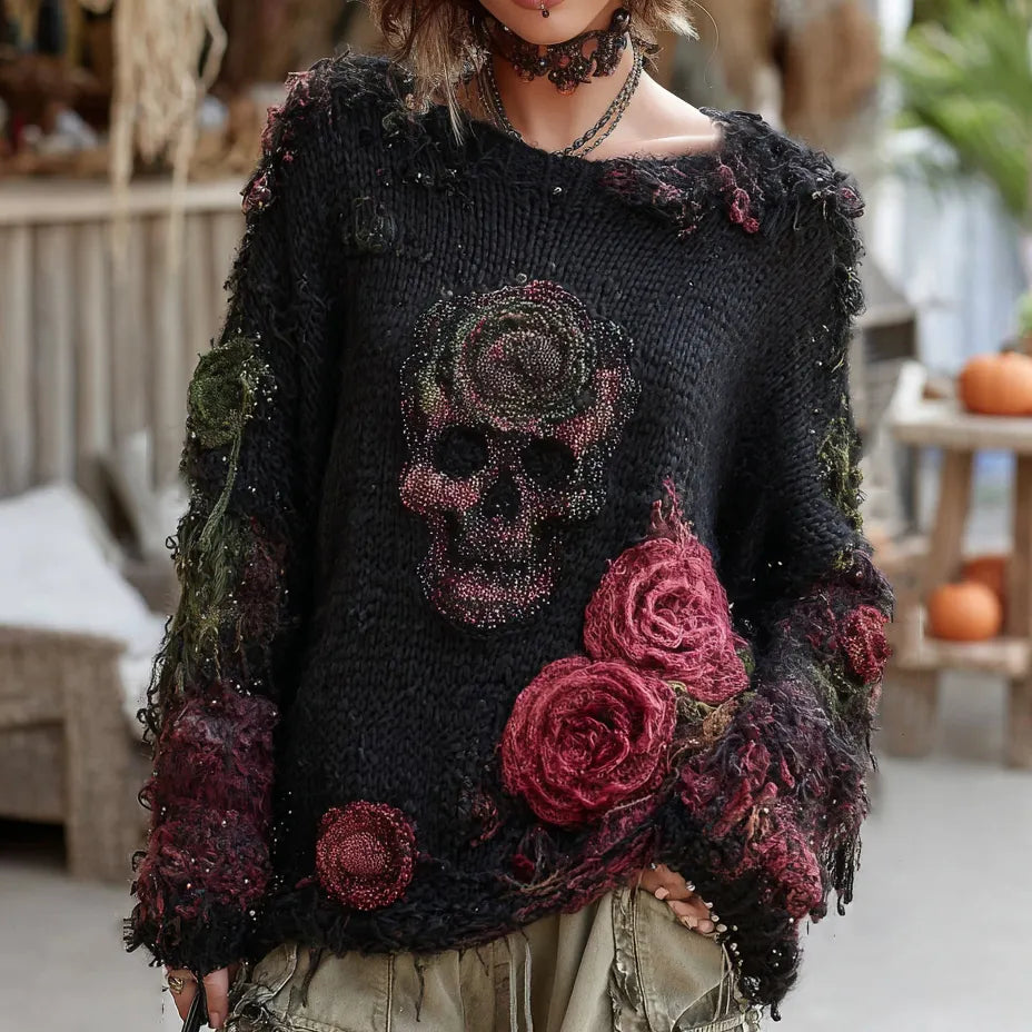 Rose And Skull Embroidered Gothic Chunky Knit Sweater