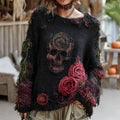 Rose And Skull Embroidered Gothic Chunky Knit Sweater