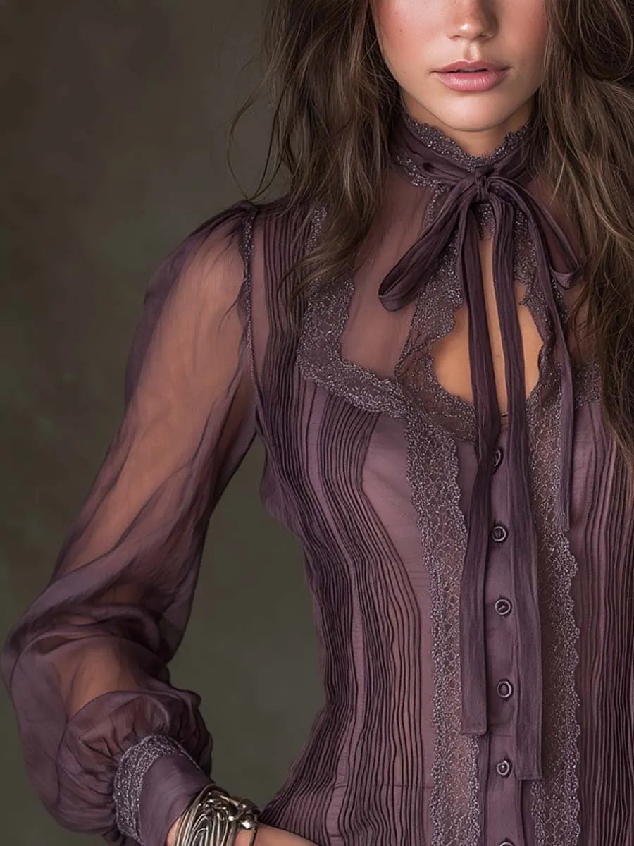 Vintage Tie Collar Pleated Chiffon Blouse