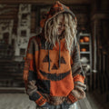 Halloween Pumpkin Face Patchwork Stitched Cozy Knit Hooded