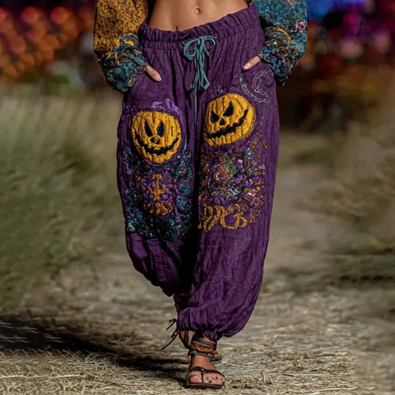 Bohemian Halloween Themed Pumpkin Embroidered Linen Pants