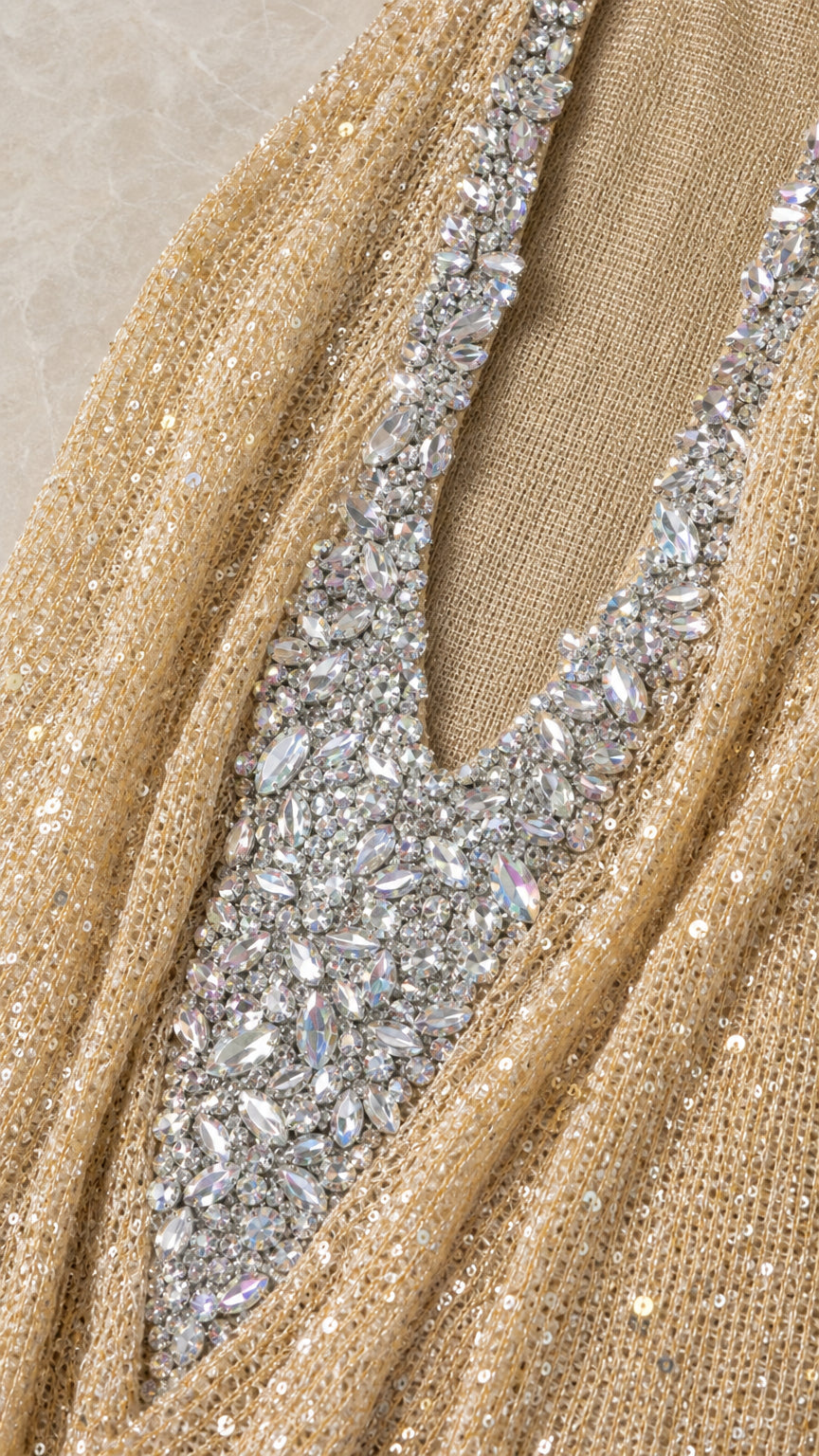 Deep V-Neck Rhinestone Embellished Halter Cowl Neck Maxi Evening Gown