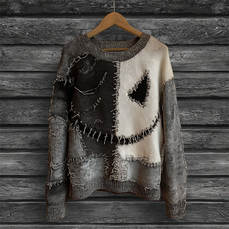 Halloween Spooky Face Colorblock Stitched Cozy Knit Sweater