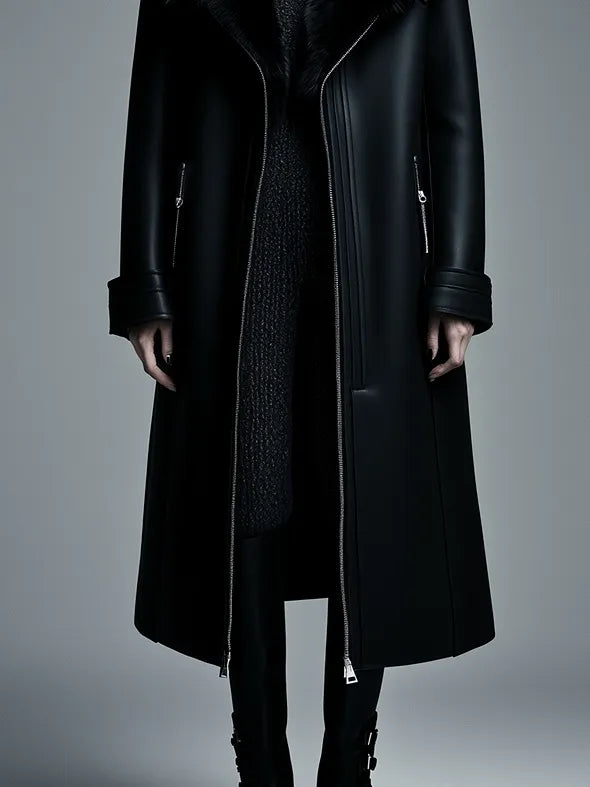 Women Fur Trim Warm Lined Hooded Eco Leather Trench Coat