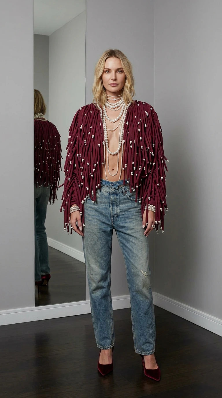 Faux Pearl Embellished Shaggy Fringe Jacket with Open Front
