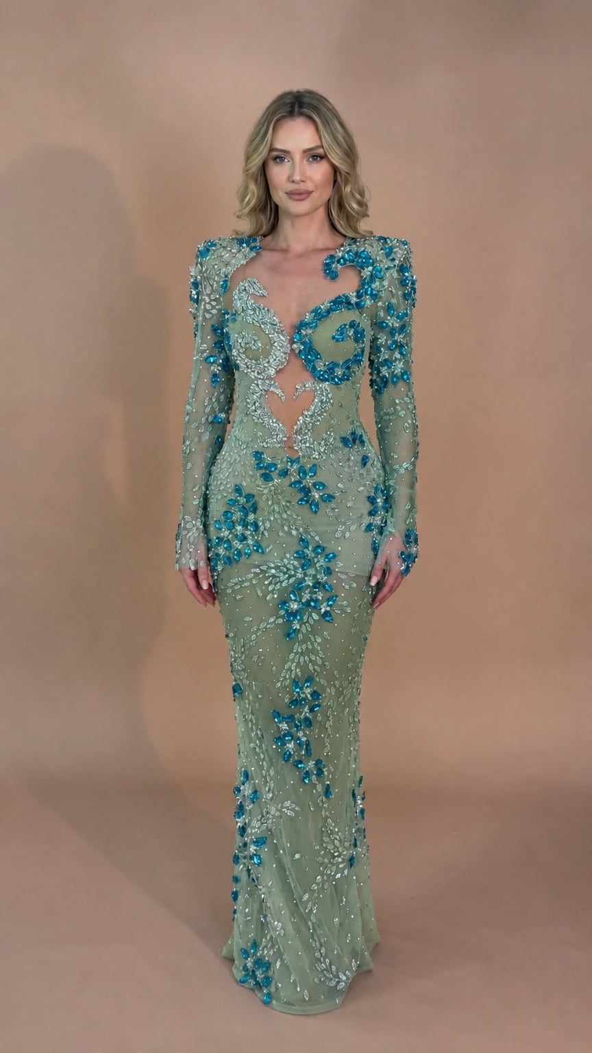 Rhinestone Embellished Illusion Long Sleeve Maxi Gown with Cutout Back