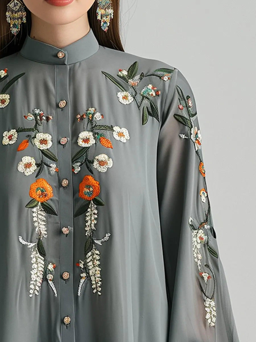 (clearance)Floral Embroidered Commuter Long-sleeved Shirt