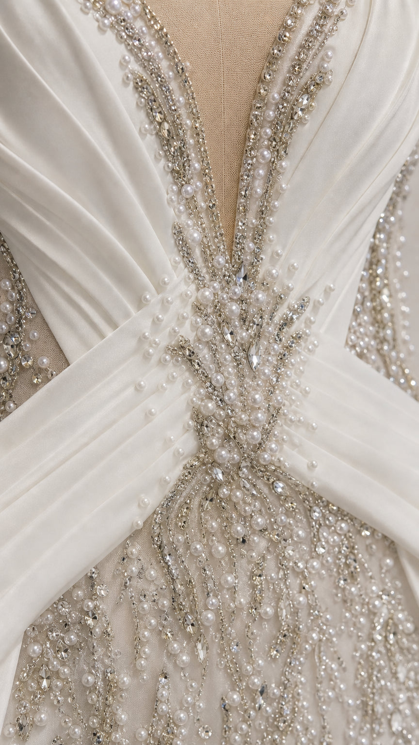Beaded Illusion Plunge Evening Gown with Ruched Bodice and Overskirt