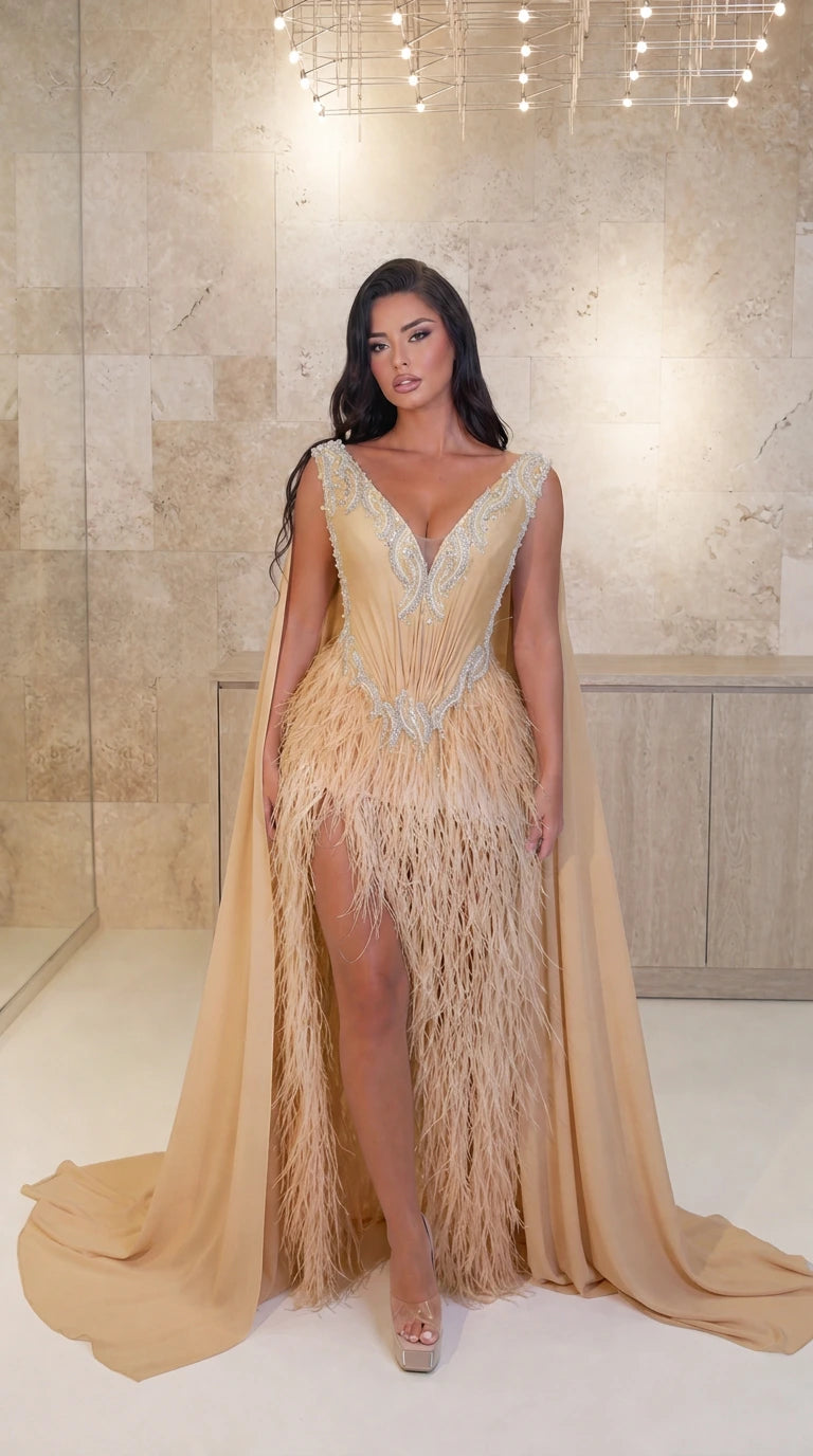 Embellished V-Neck Feather-Fringed Cape Evening Gown with Slit
