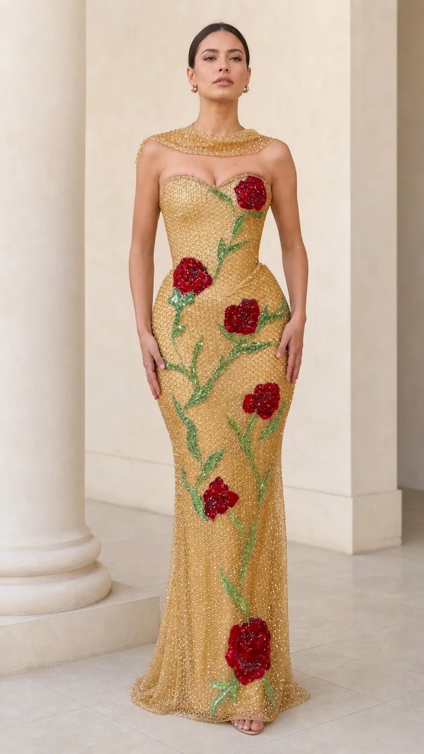 Embellished Floral Sequin Column Evening Gown with Neck Drape