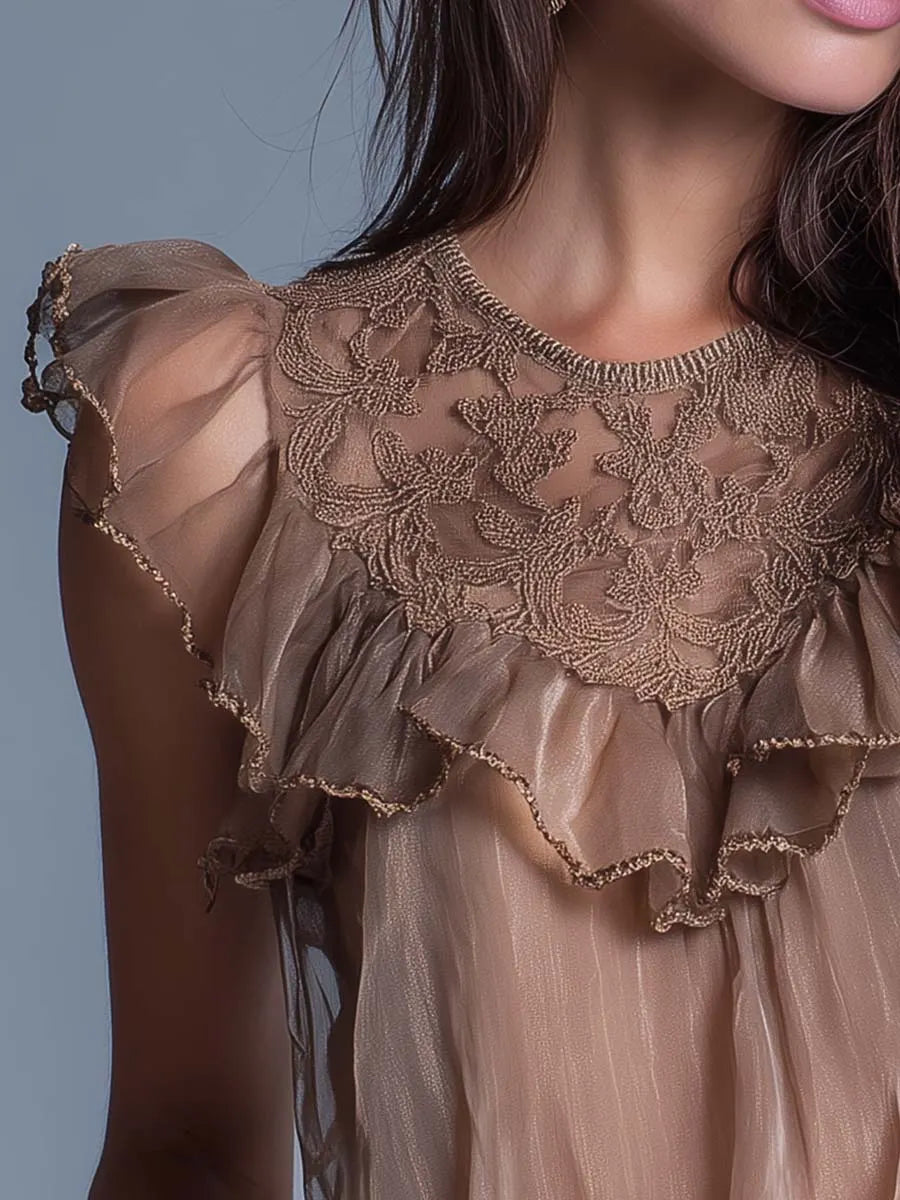 Boho Lace Ruffle Sheer Sleeveless Blouse