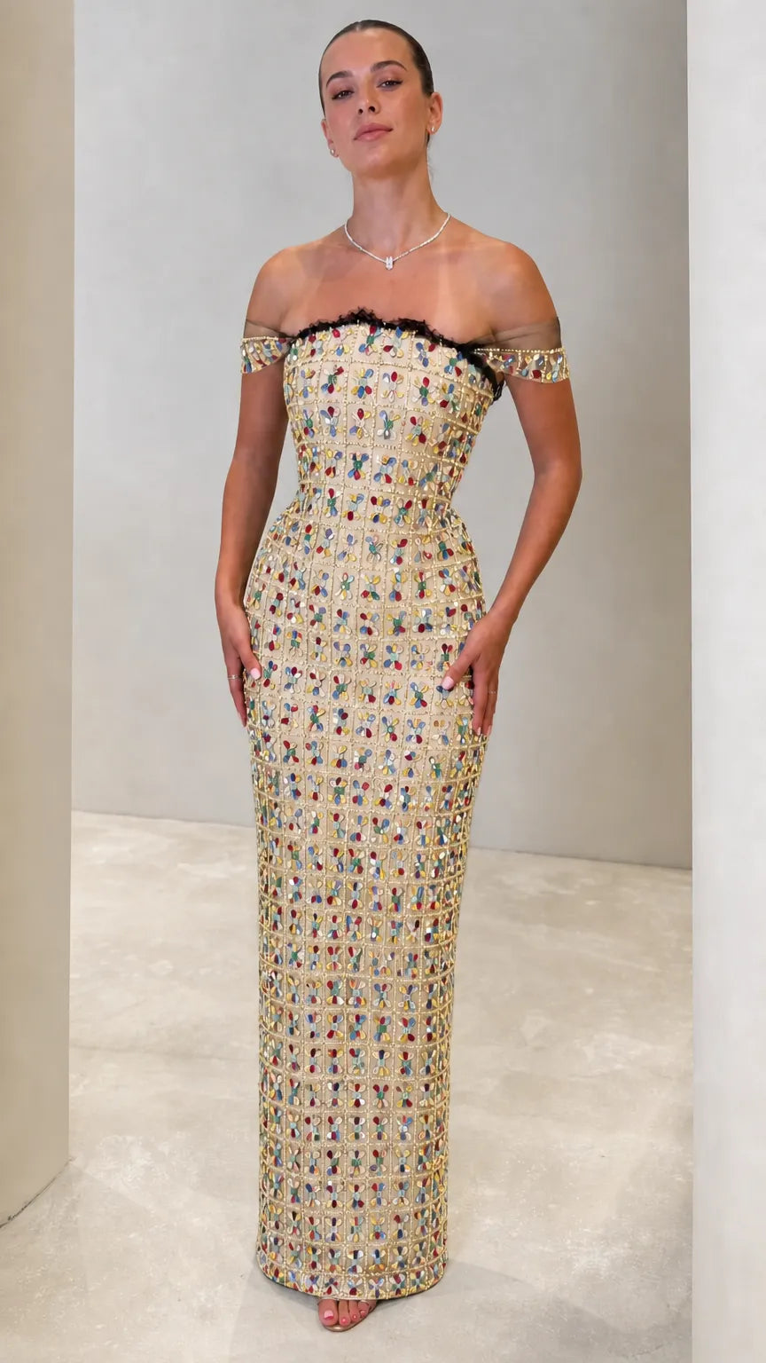 Off-the-Shoulder Jeweled Column Maxi Gown with Sheer Illusion Trim