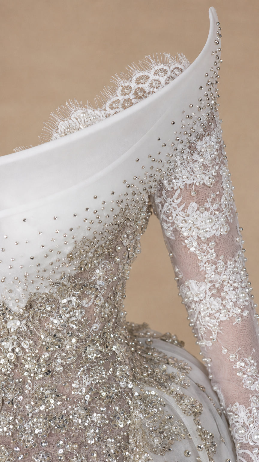 Asymmetrical Embellished Long Sleeve Evening Gown with Detachable Overskirt