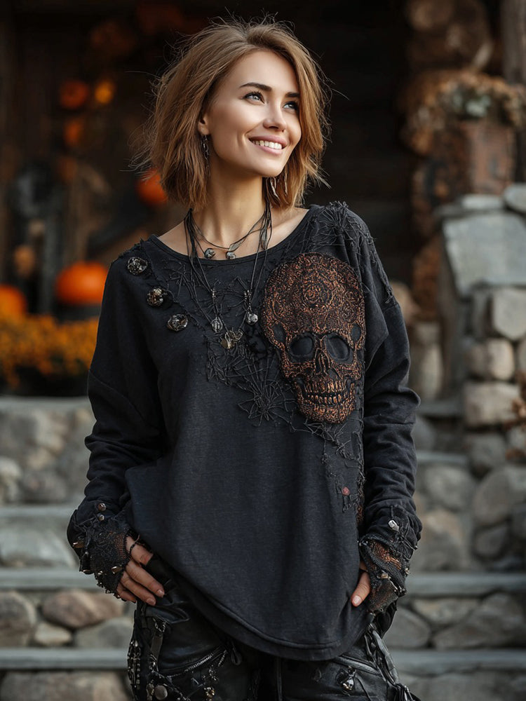 Halloween Dark Skull And Spider Web Pattern Women's T-shirt