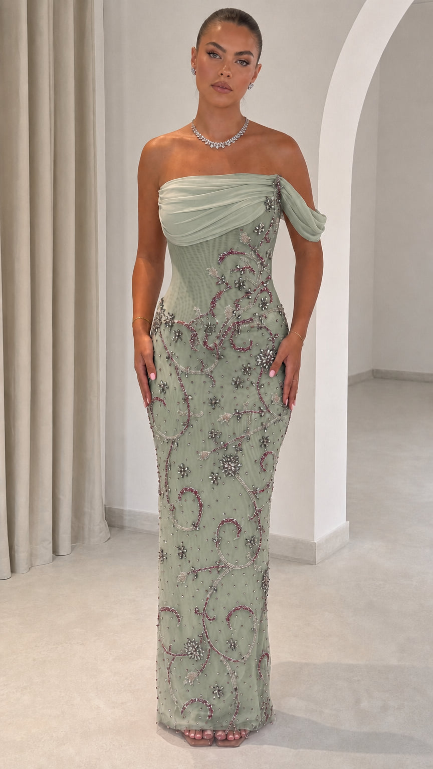 Off-the-Shoulder Draped Bodice Beaded Maxi Evening Gown