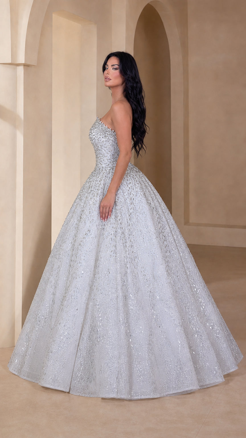 Strapless Glitter Sequin Ball Gown Evening Dress with Embellished Bodice