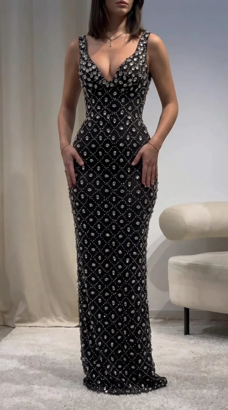 Sleeveless Deep V-Neck Rhinestone Embellished Evening Maxi Gown