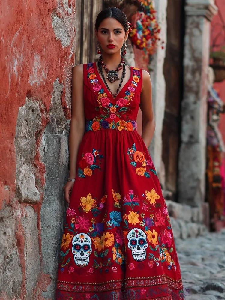 Day Of The Dead Sugar Skulls Flowers Embroidered Linen Maxi Dress