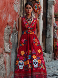 Day Of The Dead Sugar Skulls Flowers Embroidered Linen Maxi Dress