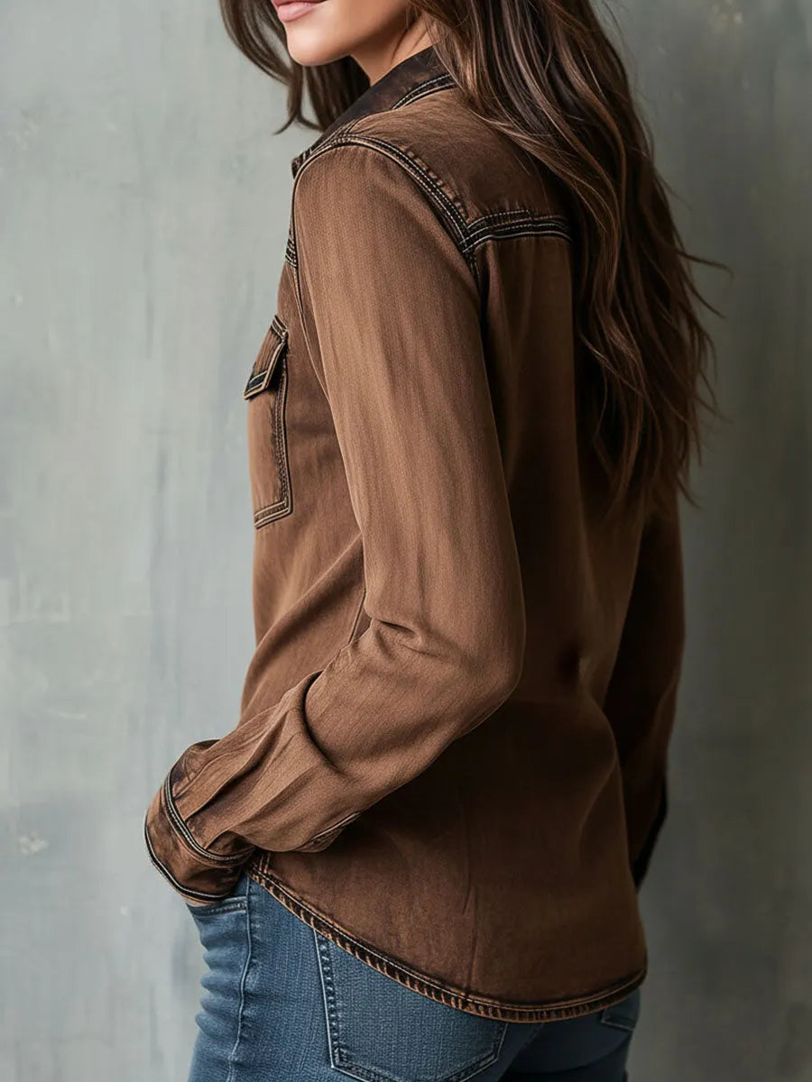 Vintage Brown Washed Contrast Stitching Utility Zip Shirt Jacket