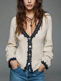 Relaxed Ivory Contrast Crochet Trim Knit Cardigan