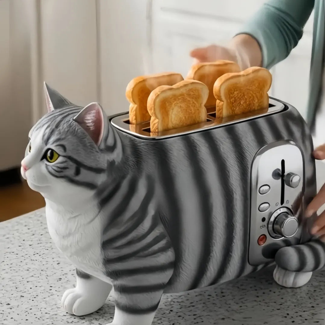 Creative 4-Slice Toaster | Cute Aesthetic Kitchen Appliance for Cozy Breakfast & Unique Home Decor -Grey Striped Cat