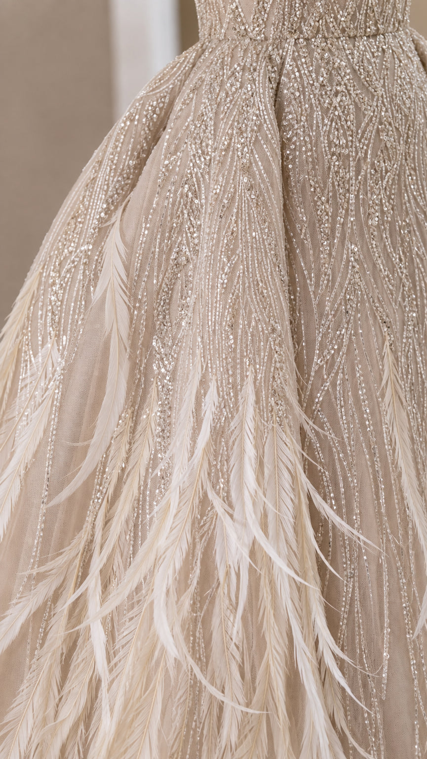 Strapless Plunging V-Neck Beaded Tulle Ball Gown with Feather Accents