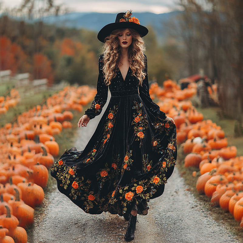 Women's  Vintage Halloween Autumn Floral Art Comfy Velvet Maxi Dress