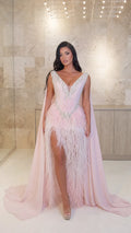 Embellished V-Neck Feather-Fringed Cape Evening Gown with Slit