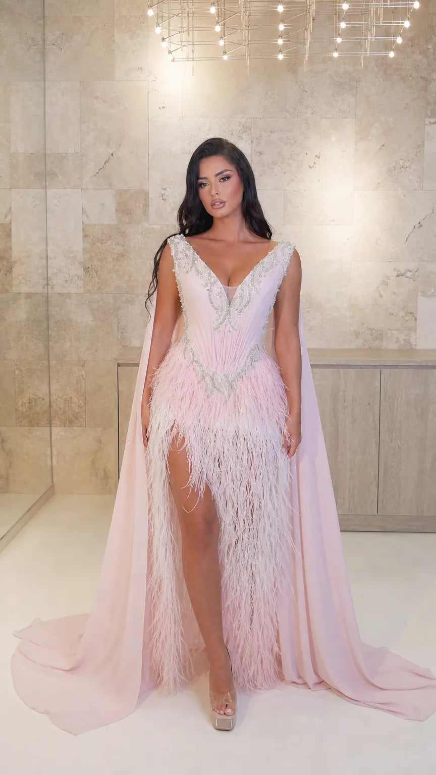 Embellished V-Neck Feather-Fringed Cape Evening Gown with Slit