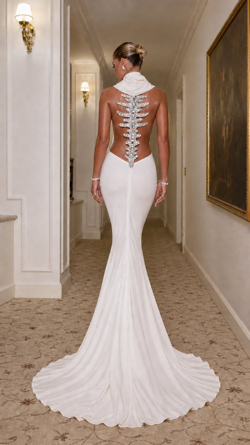 High Neck Backless Mermaid Maxi Gown with Crystal Spine Detail