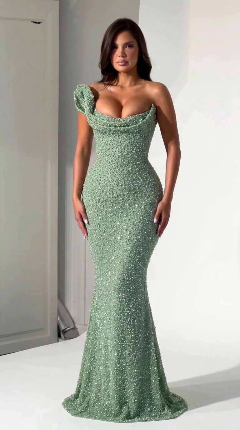 One-Shoulder Beaded Mermaid Evening Gown with Flower Detail