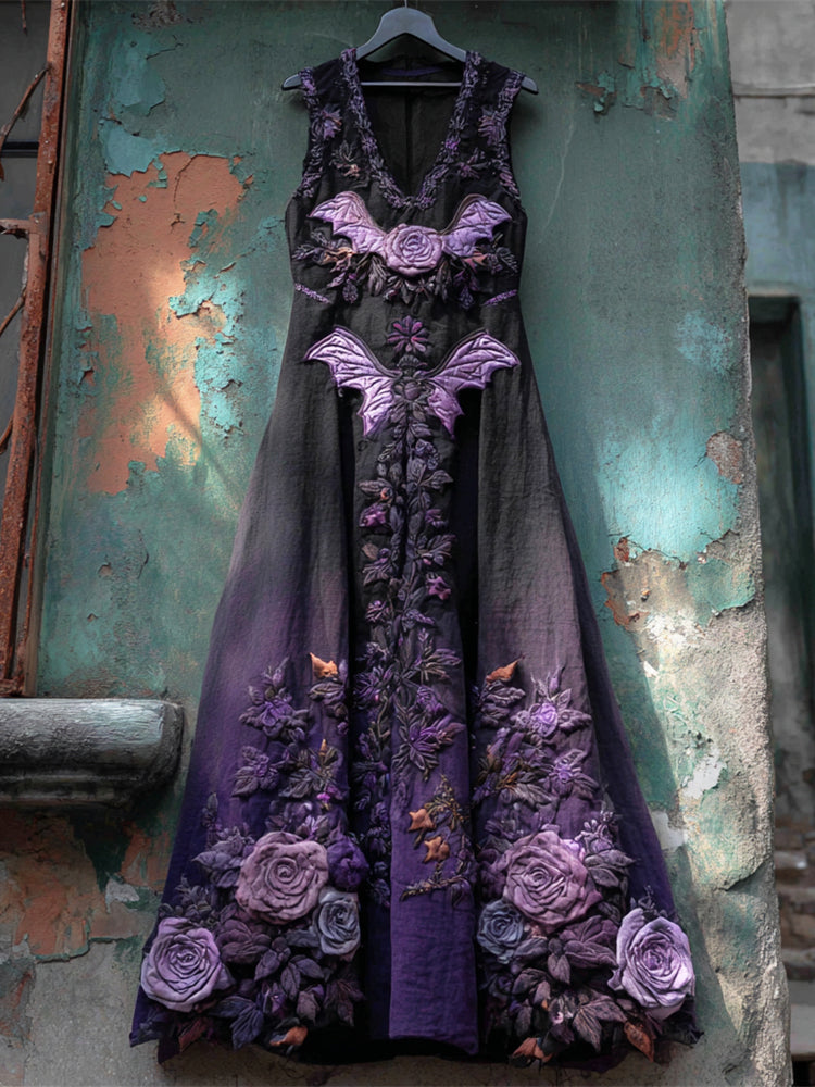 Halloween Bat & Dark Rose Women's Vest Midi Dress