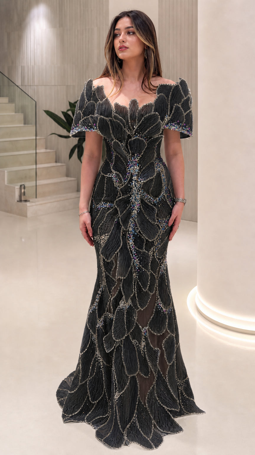 Off-the-Shoulder 3D Petal Beaded Mermaid Evening Gown